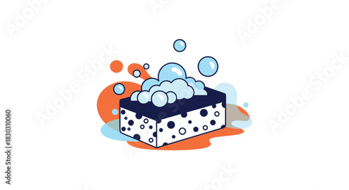 Simple graphic of a cleaning sponge with soap suds and water bubbles, surrounded by abstract color spots.