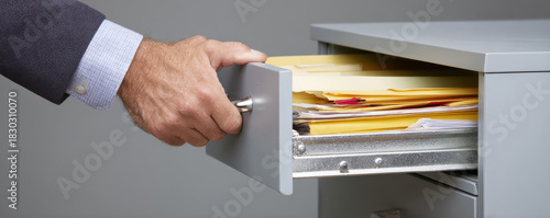 Man filing cabinet government documents shutdown files in drawer with hand opening folder