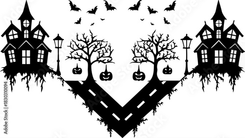 Spooky Halloween night scene with haunted houses, bats and pumpkins, perfect for seasonal designs and decorations, originally a vector graphic