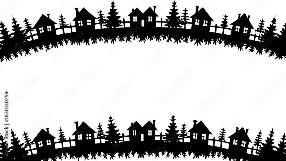 Fototapeta premium Charming silhouette scene of houses and pine trees on a hill with fences, perfect for holiday cards, banners, and festive designs, from its vector origin