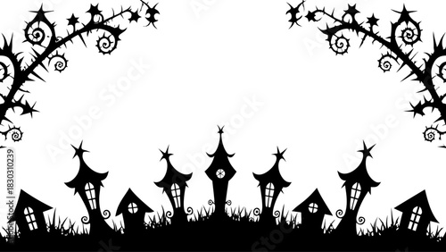 Spooky Halloween border with haunted houses and thorny branches for invitations, cards and party decorations, offering a festive and creepy design element
