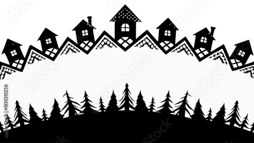 Whimsical village silhouette nestled among winter trees brings a magical, fairytale charm for holiday designs and seasonal projects. Vector origin