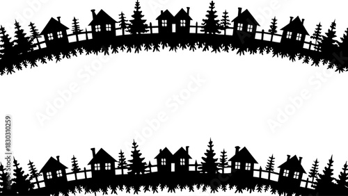 Charming silhouette scene of houses and pine trees on a hill with fences, perfect for holiday cards, banners, and festive designs, from its vector origin