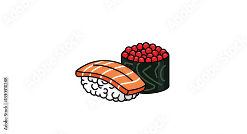 Stylized illustration of two popular Japanese sushi pieces: a fresh salmon nigiri and a vibrant gunkan maki roll topped with bright red fish roe.
