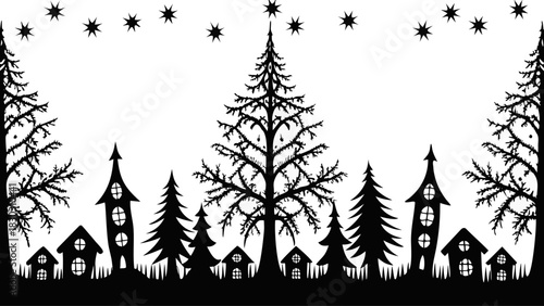 Enchanting holiday village under a starlit sky, with whimsical houses and majestic pine trees, perfect for festive cards and winter-themed designs