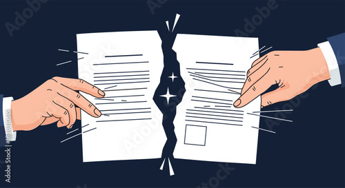 Two hands tear a legal document or contract in half, symbolizing a broken agreement, termination, or divorce.