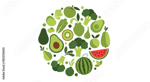 A vibrant circular arrangement of fresh green fruits and vegetables with a slice of watermelon, promoting healthy eating and natural nutrition.