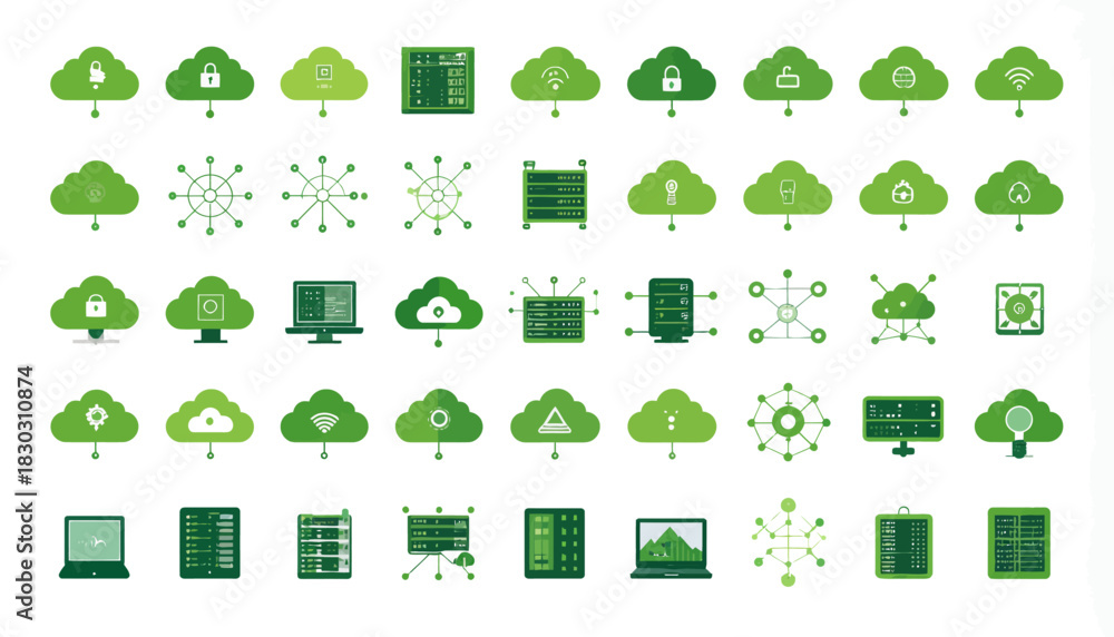 Fototapeta premium A comprehensive collection of green technology and cloud computing icons, illustrating data storage, networking, and digital infrastructure concepts.