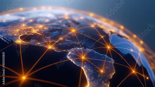 Stunning Digital World Map with Global Network Connections and Glowing Data Points