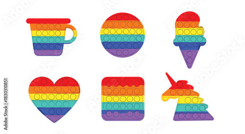A vibrant collection of six rainbow pop it fidget toys in various shapes, including heart, unicorn, and ice cream, isolated on white.