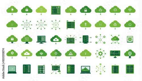 A comprehensive collection of green technology and cloud computing icons, illustrating data storage, networking, and digital infrastructure concepts.