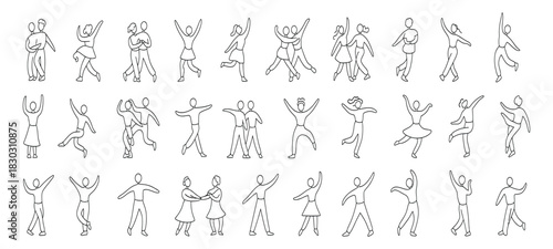Collection of black and white line art figures dancing and celebrating dance