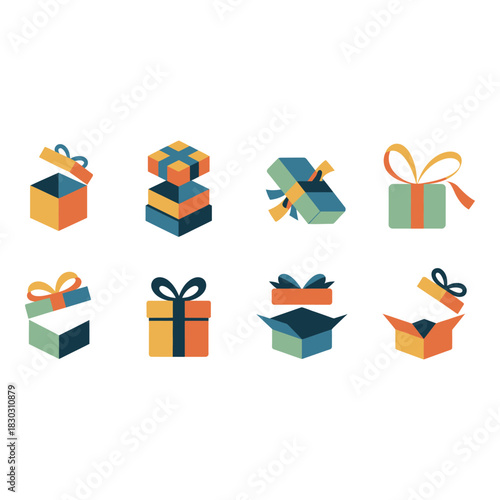 Collection of colorful isometric gift boxes with ribbons