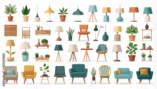 A comprehensive collection of various modern home furniture and decor items including lamps, chairs, tables, and potted plants in a minimalist style.