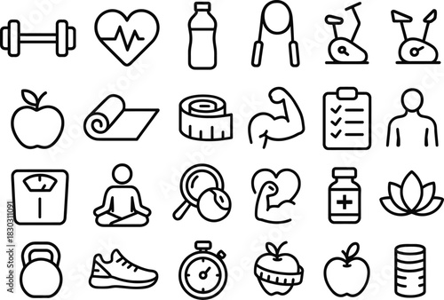 Collection of black line art fitness and health icons on white background dumbbell heart