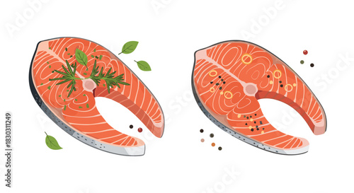 Fresh raw salmon steaks, one seasoned with aromatic herbs and the other with colorful peppercorns, ready for cooking a healthy meal.