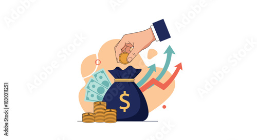 Illustration of financial savings and investment leading to wealth growth, with a hand putting a coin into a money bag.
