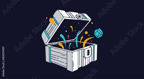 An open, stylized treasure chest emitting a magical glow and vibrant shapes, with a geometric gem floating out, symbolizing discovery and digital rewards.
