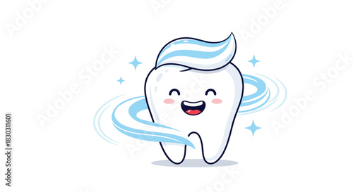 A cheerful cartoon tooth with toothpaste on top and sparkling effects, symbolizing fresh and healthy oral hygiene.