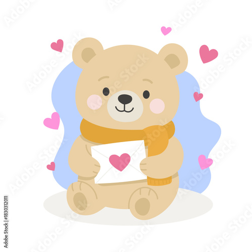 Adorable Illustration of a Cute Bear Holding a Love Letter Surrounded by Hearts, Perfect for Expressing Affection and Warmth in Any Greeting Card Design. Cute bear illustration
