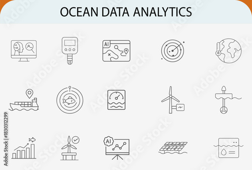 Ocean data analytics research line icon set, marine conservation management