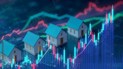 Miniature houses on a digital background representing real estate investment and market trends