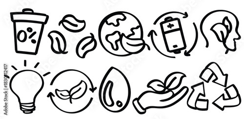 Set of hand drawn Zero Waste theme. Collection of Trash Can, Leaves, Earth, Recycle Battery, Human Head, Light Bulb, Plant, Water Drop, Hand, Recycling Symbol Isolated Vector