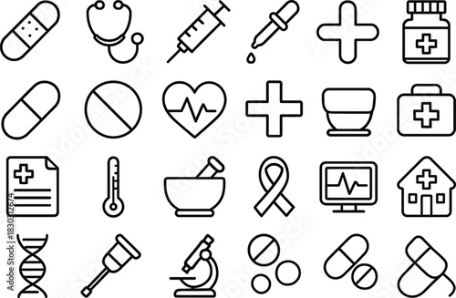 Collection of simple black outline medical and healthcare icons on white background symbol science