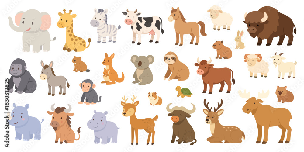 Obraz premium Cute herbivore animal set with elephants, giraffes, zebras and deer, herbivore animal set illustration perfect for kids learning, posters, stickers, toys and educational nature-themed designs.