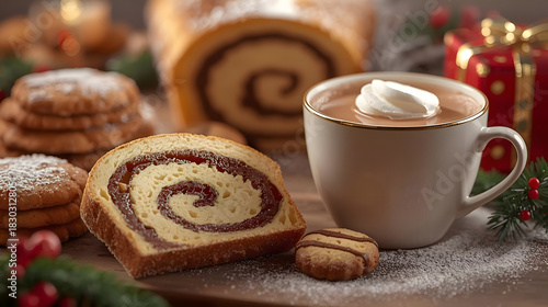 Delightful holiday spread featuring warm mug of hot chocolate with whipped cream, delicious sliced swirl cake, and festive cookies. cozy scene evokes feelings of comfort and joy, perfect