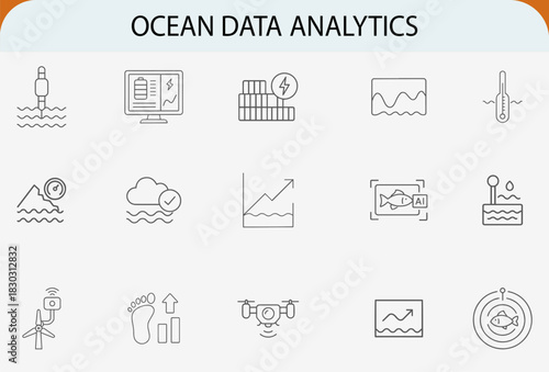 Ocean data analytics line icons, marine ecology research statistics concept