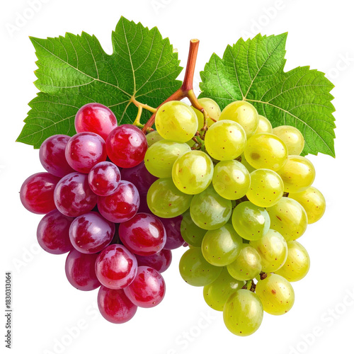 A delicious cluster of ripe red and green grapes is shown in a natural arrangement, isolated on a transparent background, a clean png
