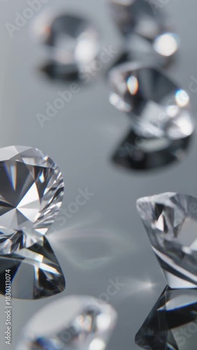 Close-up of sparkling diamonds on a reflective surface.
