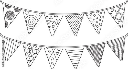 Decorative Pennants Hanging On A Rope with Doodle Patterns, Vector Illustration for Card Decorations On Plain Background, Black and White