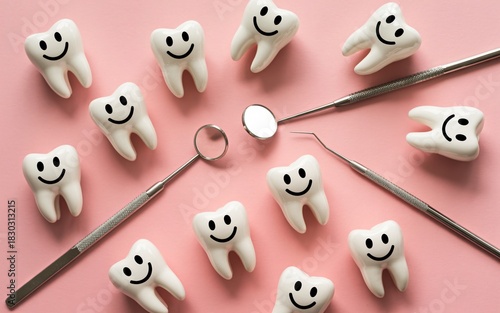  Numerous small white tooth models are scattered across a pink surface in a random pattern. Metal dental tools, such as mirrors and explorers, are interspersed among the teeth. 