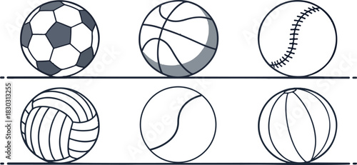 Sports Balls Icon Set in Minimal Line Art Style