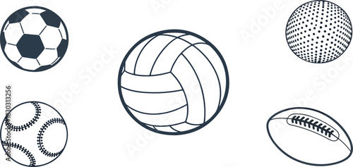 Sports Balls Icon Set in Minimal Line Art Style