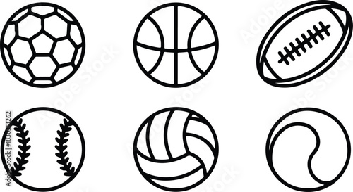 Sports Balls Icon Set in Minimal Line Art Style