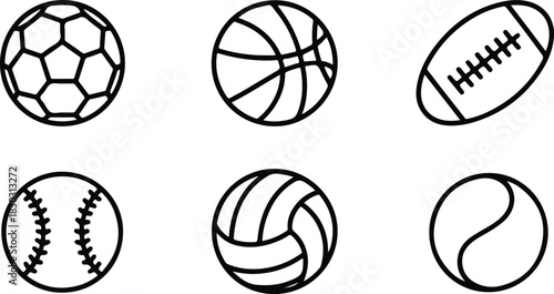 Sports Balls Icon Set in Minimal Line Art Style
