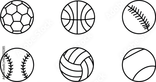 Sports Balls Icon Set in Minimal Line Art Style