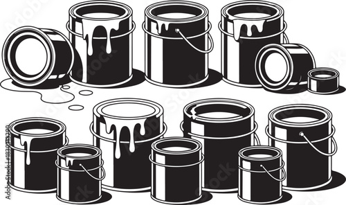 Collection of Isometric Paint Cans and Paint Buckets Graphic Resource Element for Painter Isolated on Transparent Background Vector