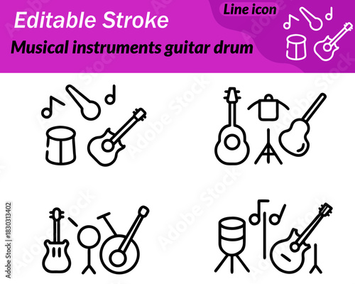 A simple vector icon featuring a guitar with a smooth body outline placed beside a drum with crossed drumsticks.Clean minimal lines highlight musical performance rhythm bands and entertainment themes.