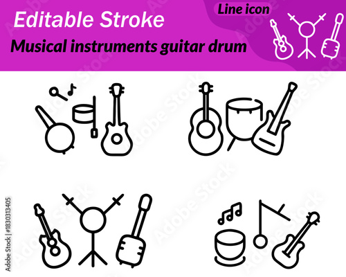 A simple vector icon featuring a guitar with a smooth body outline placed beside a drum with crossed drumsticks.Clean minimal lines highlight musical performance rhythm bands and entertainment themes.