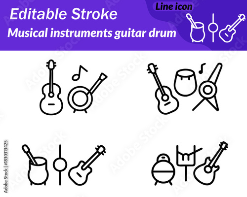 Musical Instruments Guitar Drum Icon. A sleek vector icon featuring a guitar with a smooth curved body placed beside. A drum topped with two crossed drumsticks the minimal outline music instruments.