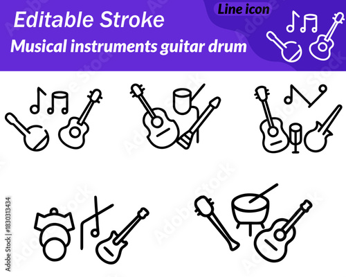 Musical Instruments Guitar Drum Icon. A sleek vector icon featuring a guitar with a smooth curved body placed beside. A drum topped with two crossed drumsticks the minimal outline music instruments.