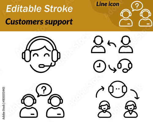 A simple vector icon featuring a user silhouette wearing a headset with a microphone communication and assistance. The clean outline represents help service, guidance, and customer support.