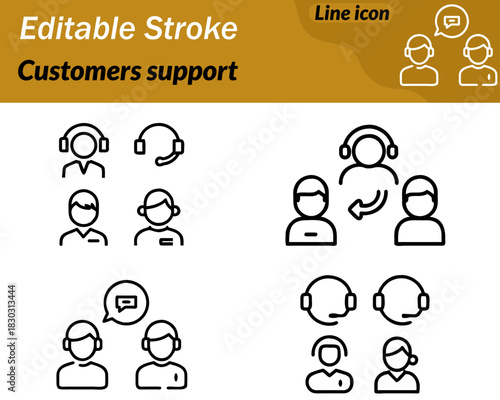 A simple vector icon featuring a user silhouette wearing a headset with a microphone communication and assistance. The clean outline represents help service, guidance, and customer support.