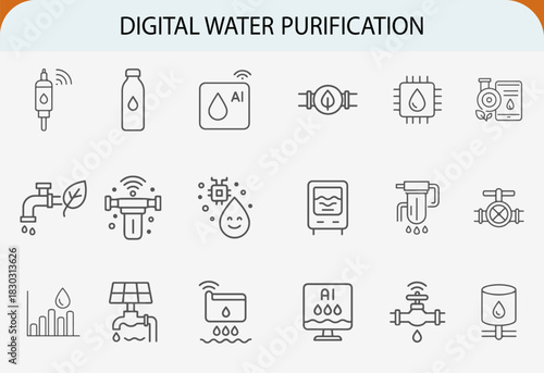 Digital water purification management line icon set vector illustration