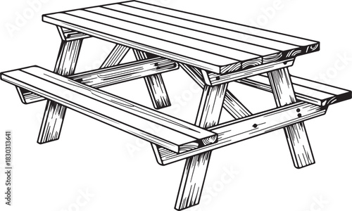 Engraved Picnic Table Illustration with Bench Seating Hand Drawn and Isolated on Transparent Backdrop for Outdoor Activities and Relaxing
