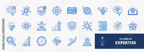 set of A collection of expertise icons suitable for web and mobile application. Set of outline blue style icons with cognition, innovation, analysis, negotation, and more icons.